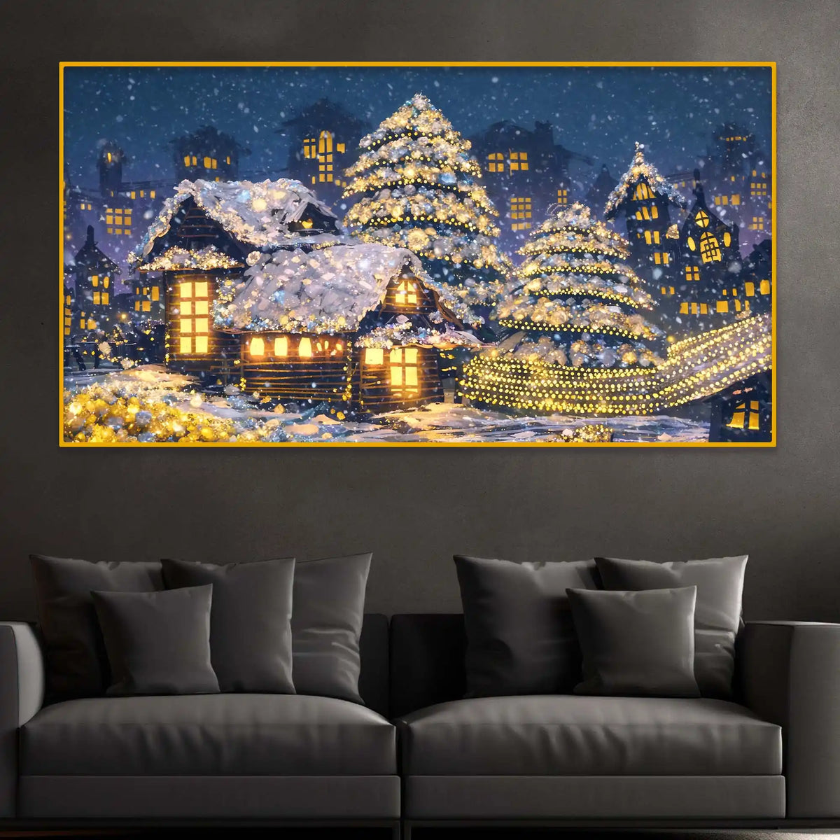 Snow Village Night Scene Crystal Glass Wall Painting for Luxury Decor