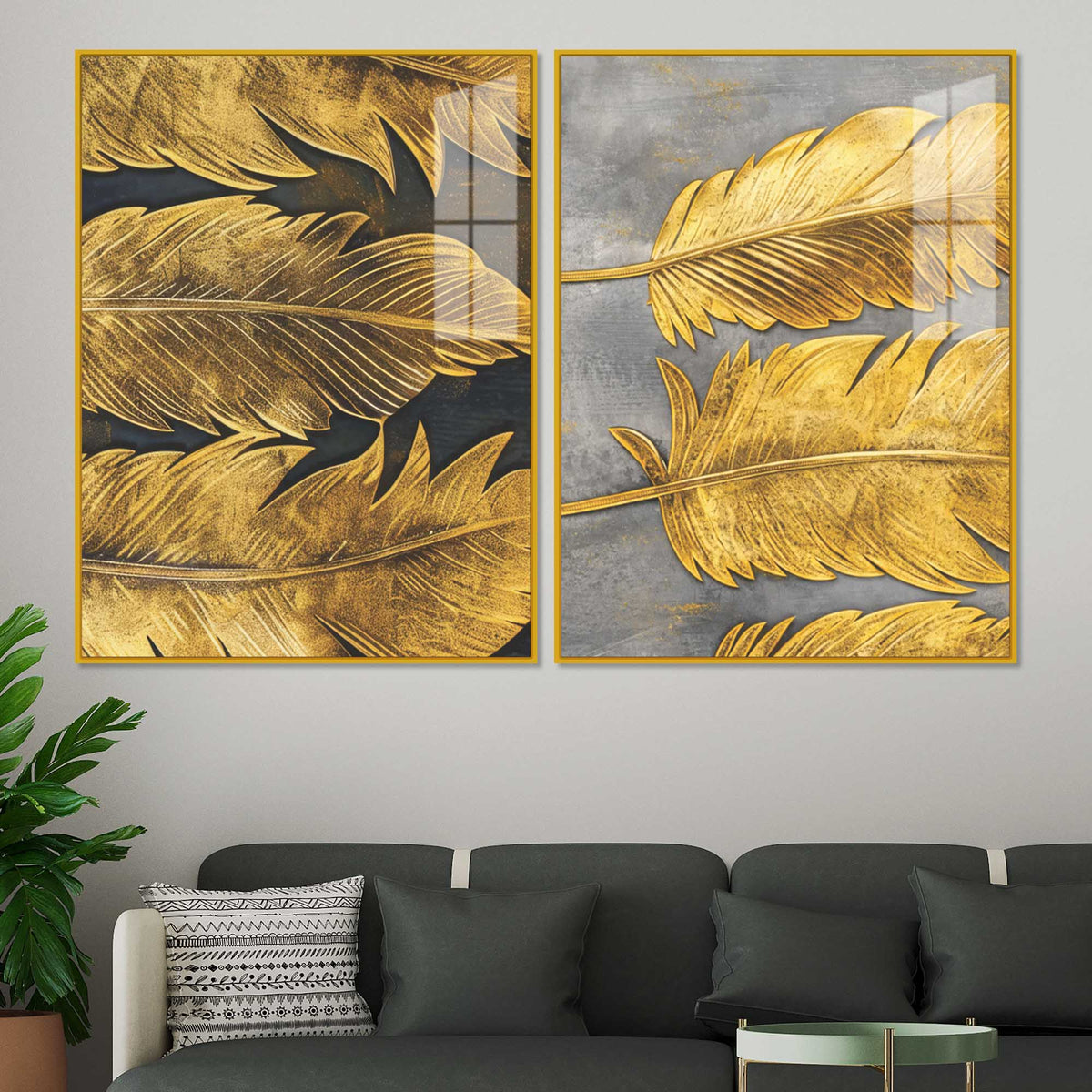 Sophisticated Golden Feathers Acrylic Floating Wall Painting Set of 2