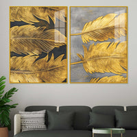 Sophisticated Golden Feathers Acrylic Floating Wall Painting Set of 2
