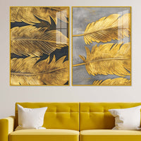 Sophisticated Golden Feathers Acrylic Floating Wall Painting Set of 2