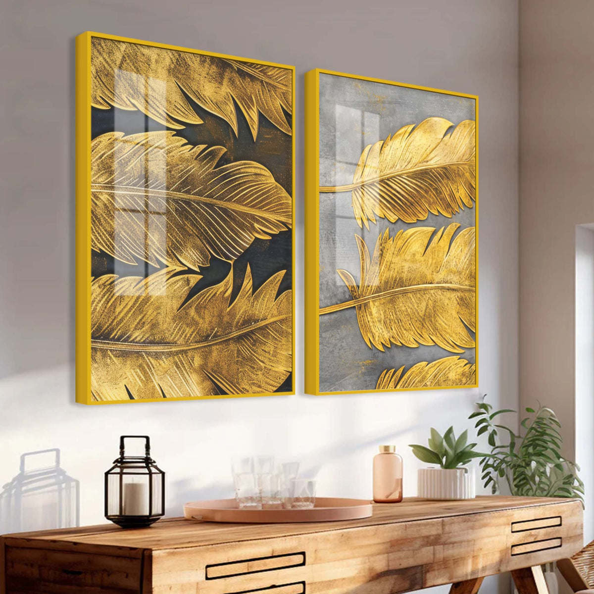 Sophisticated Golden Feathers Acrylic Floating Wall Painting Set of 2