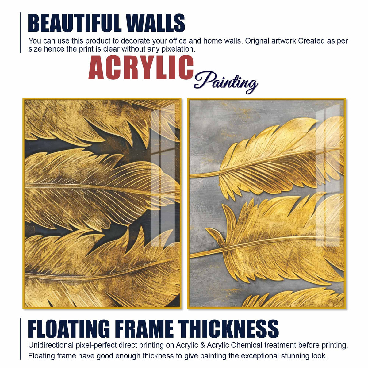 Sophisticated Golden Feathers Acrylic Floating Wall Painting Set of 2