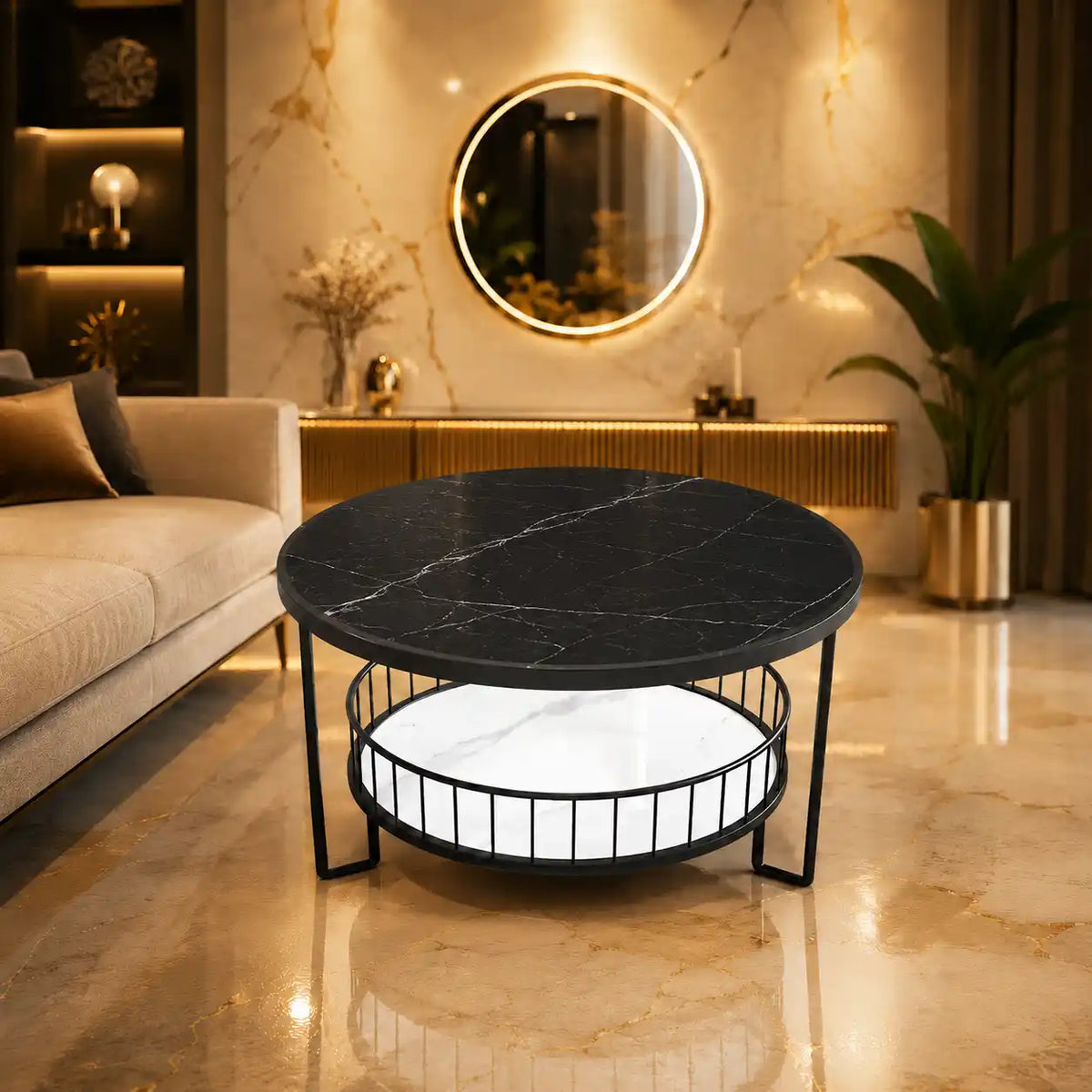 Sophisticated Round Center Table with Marble top and Open Storage