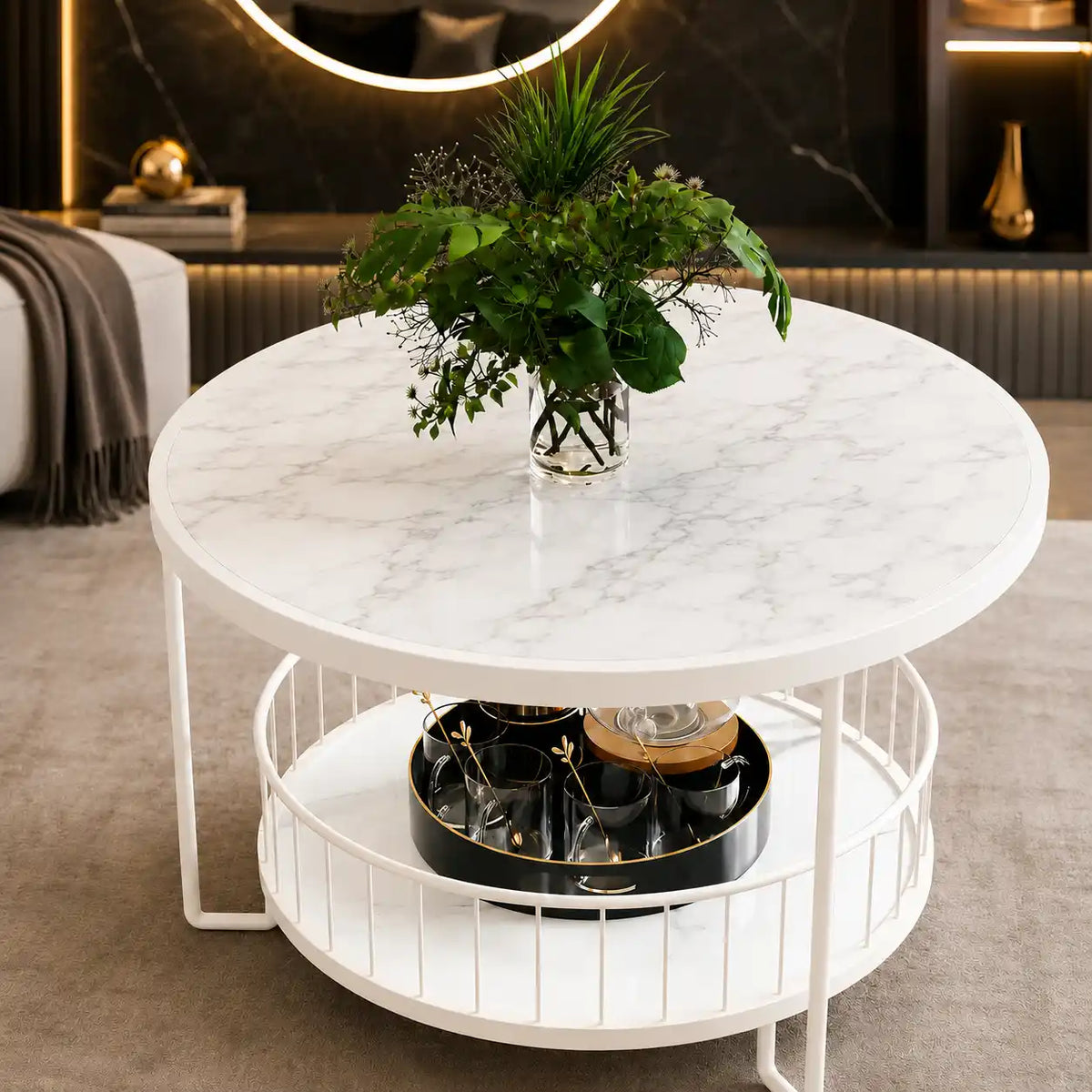 Sophisticated Round Center Table with Marble top and Open Storage