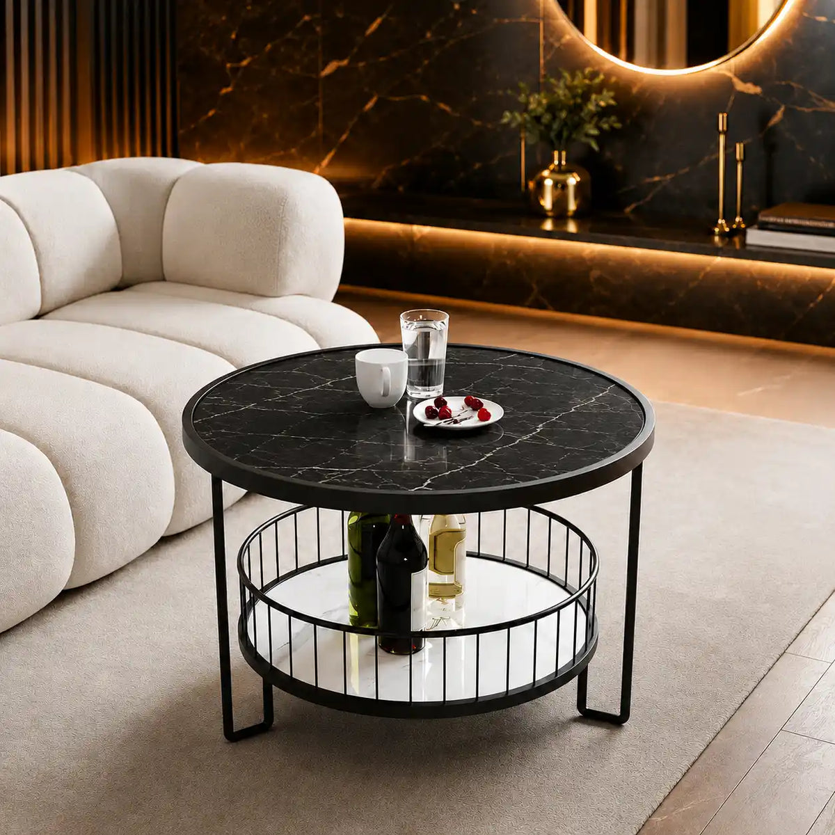 Sophisticated Round Center Table with Marble top and Open Storage