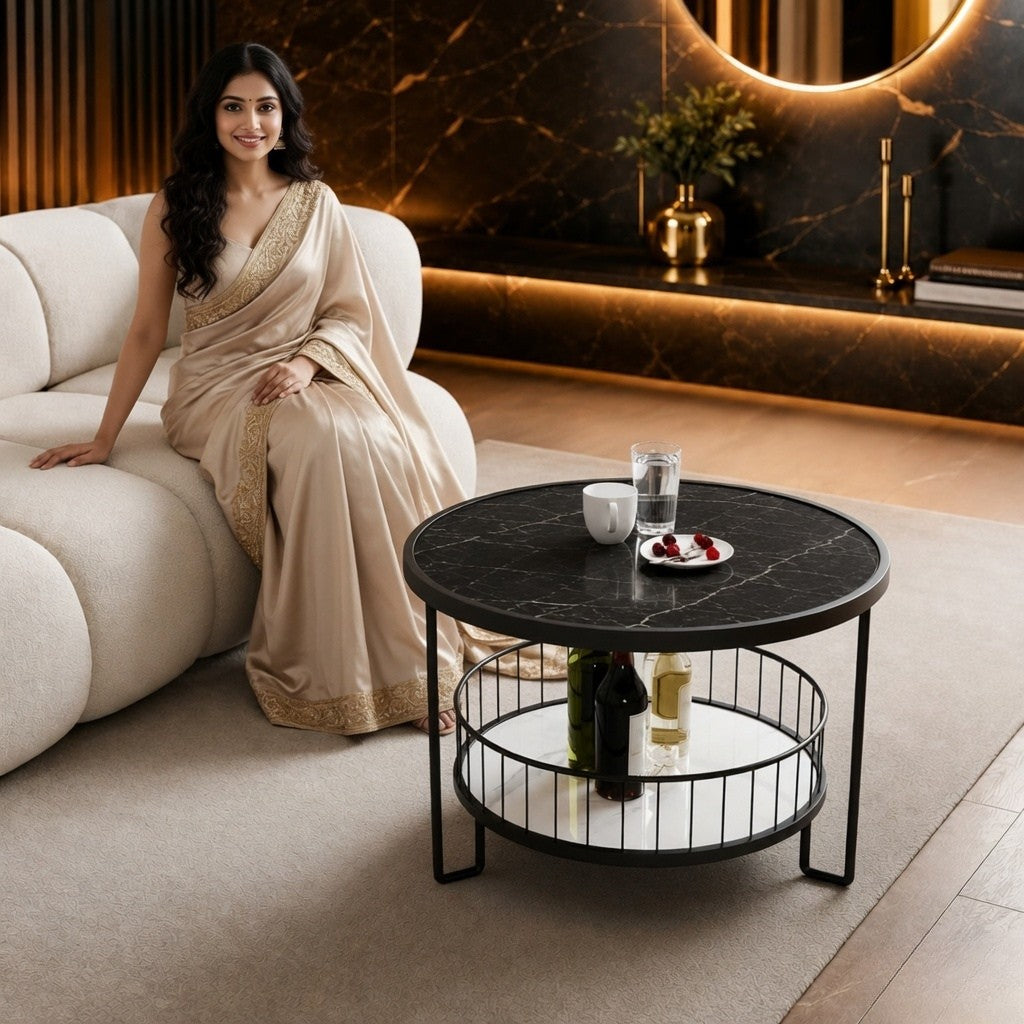 Sophisticated Round Center Table with Marble top and Open Storage