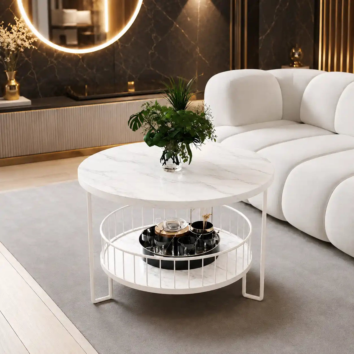 Sophisticated Round Center Table with Marble top and Open Storage