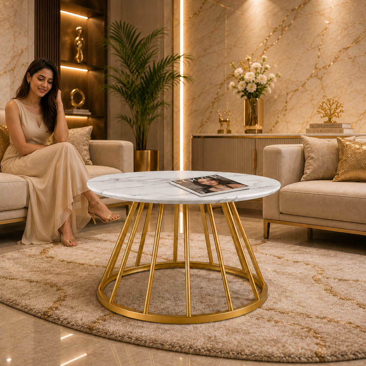 Sophisticated White Marble Center Table with Golden Metal Frame