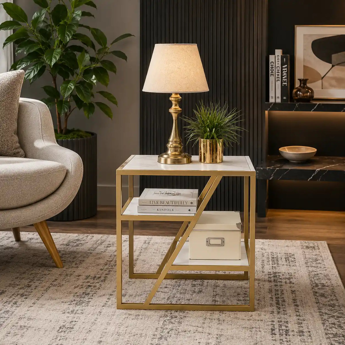 Space Saving Side Table with Dual Shelf Storage Design