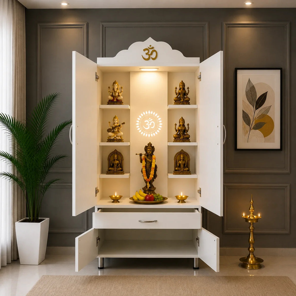 Space Saving Wooden Mandir with Om Doors & Storage Cabinet for Home