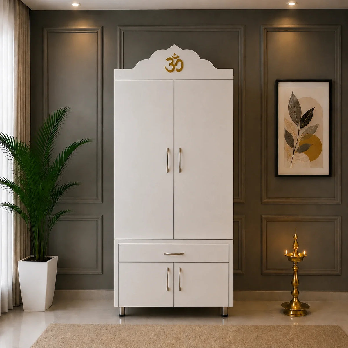 Space Saving Wooden Mandir with Om Doors & Storage Cabinet for Home