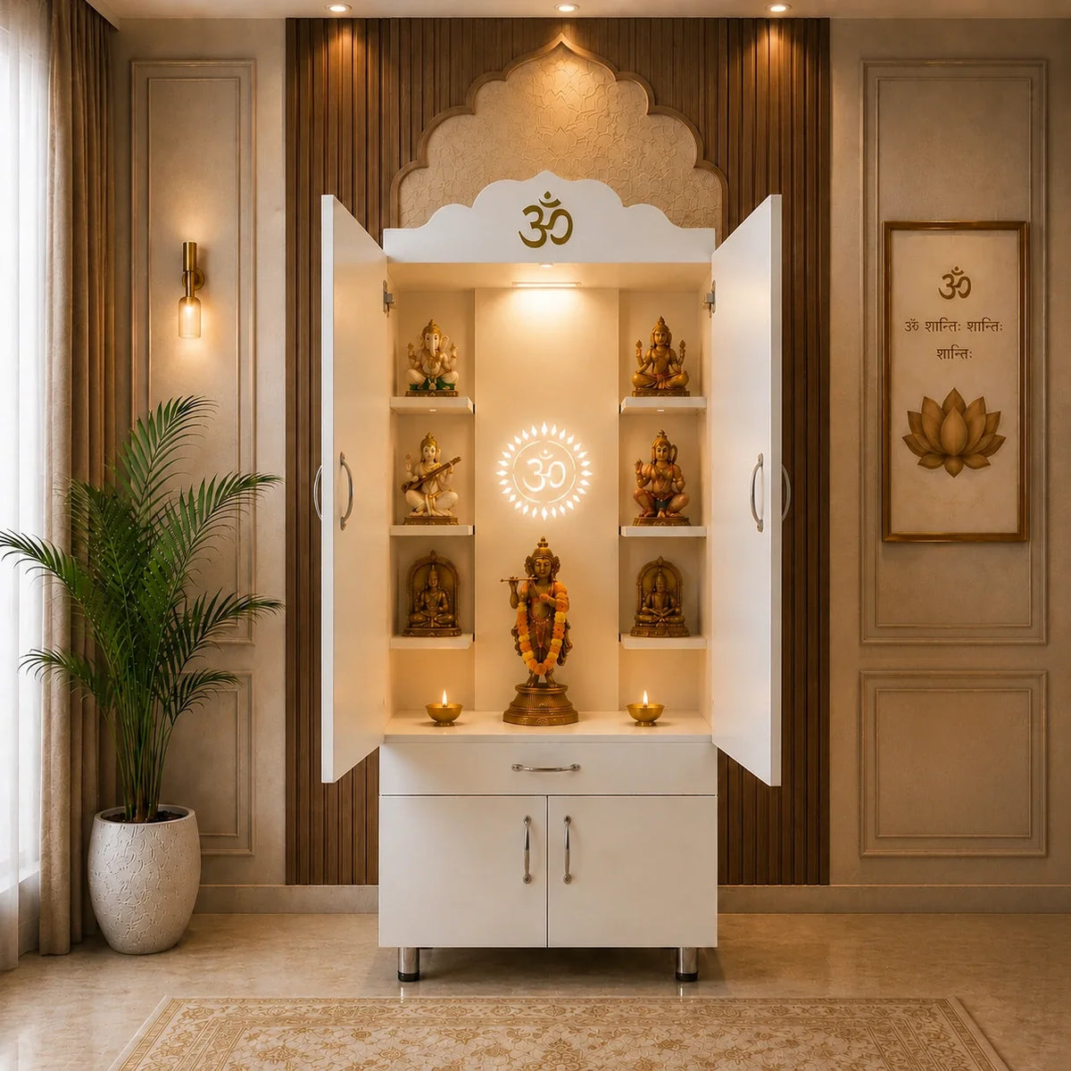 Space Saving Wooden Mandir with Om Doors & Storage Cabinet for Home