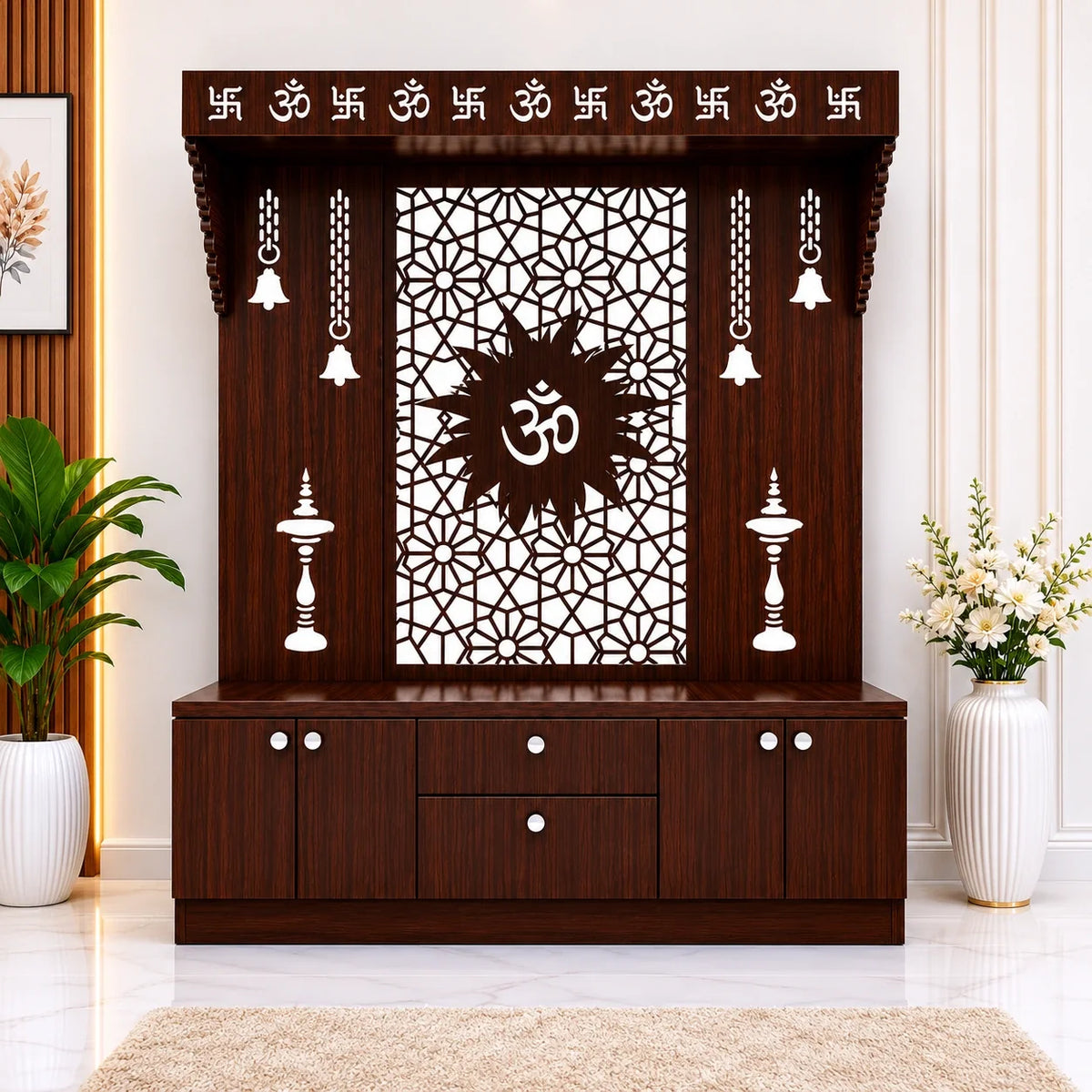 Spacious Wooden Pooja Mandir with Backlit Om Design and Storage