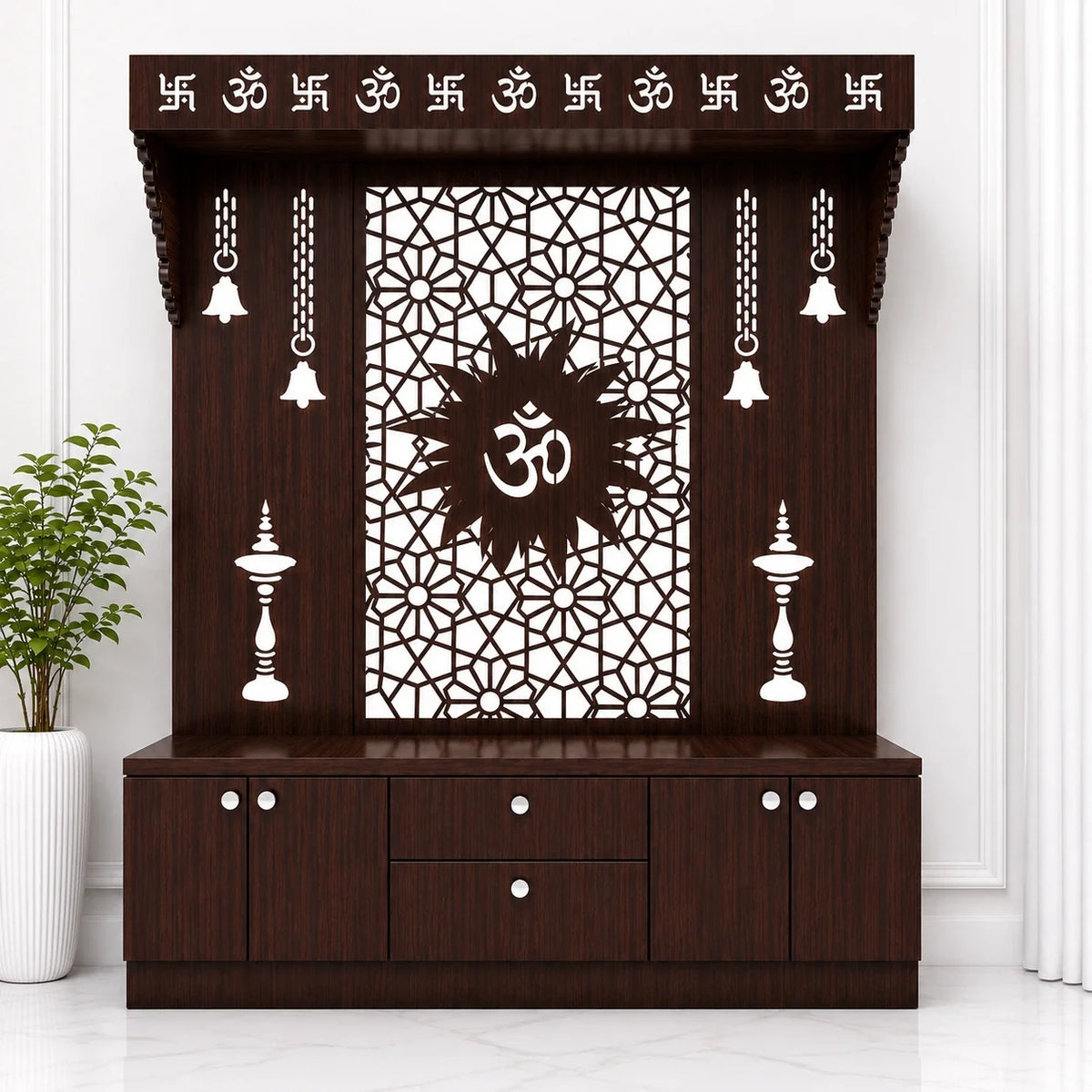 Spacious Wooden Pooja Mandir with Backlit Om Design and Storage