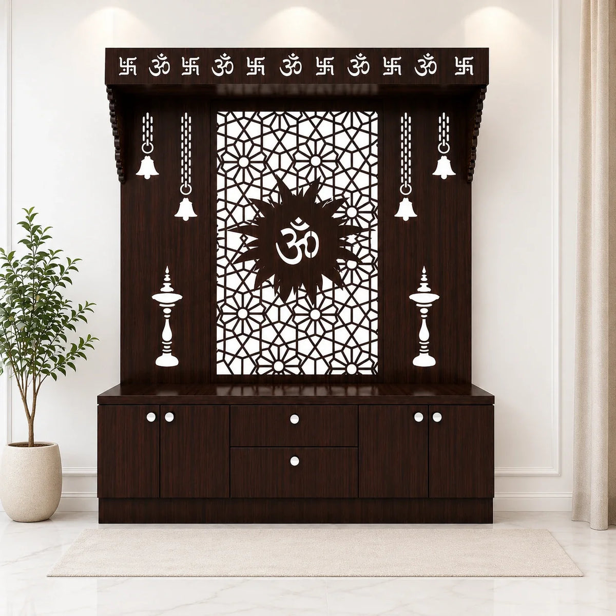 Spacious Wooden Pooja Mandir with Backlit Om Design and Storage