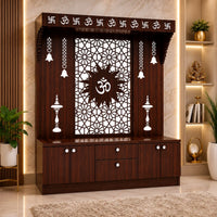 Spacious Wooden Pooja Mandir with Backlit Om Design and Storage
