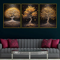 Sparkling Golden Tree of Life Floating Frame Crystal Wall Painting Set of 3