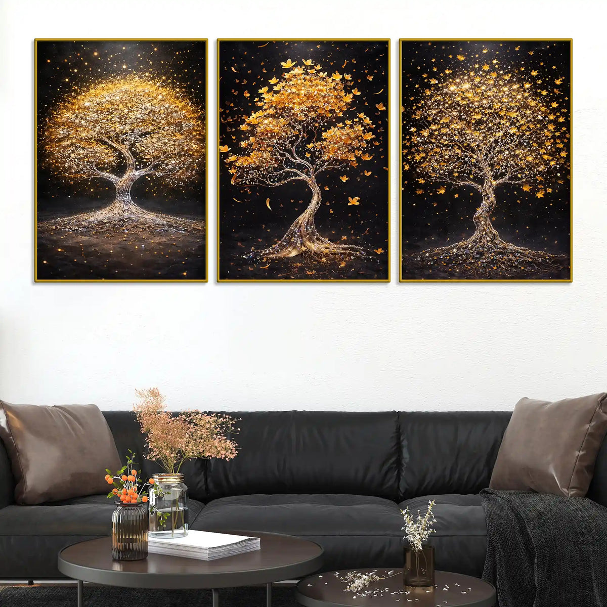 Sparkling Golden Tree of Life Floating Frame Crystal Wall Painting Set of 3