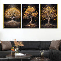 Sparkling Golden Tree of Life Floating Frame Crystal Wall Painting Set of 3