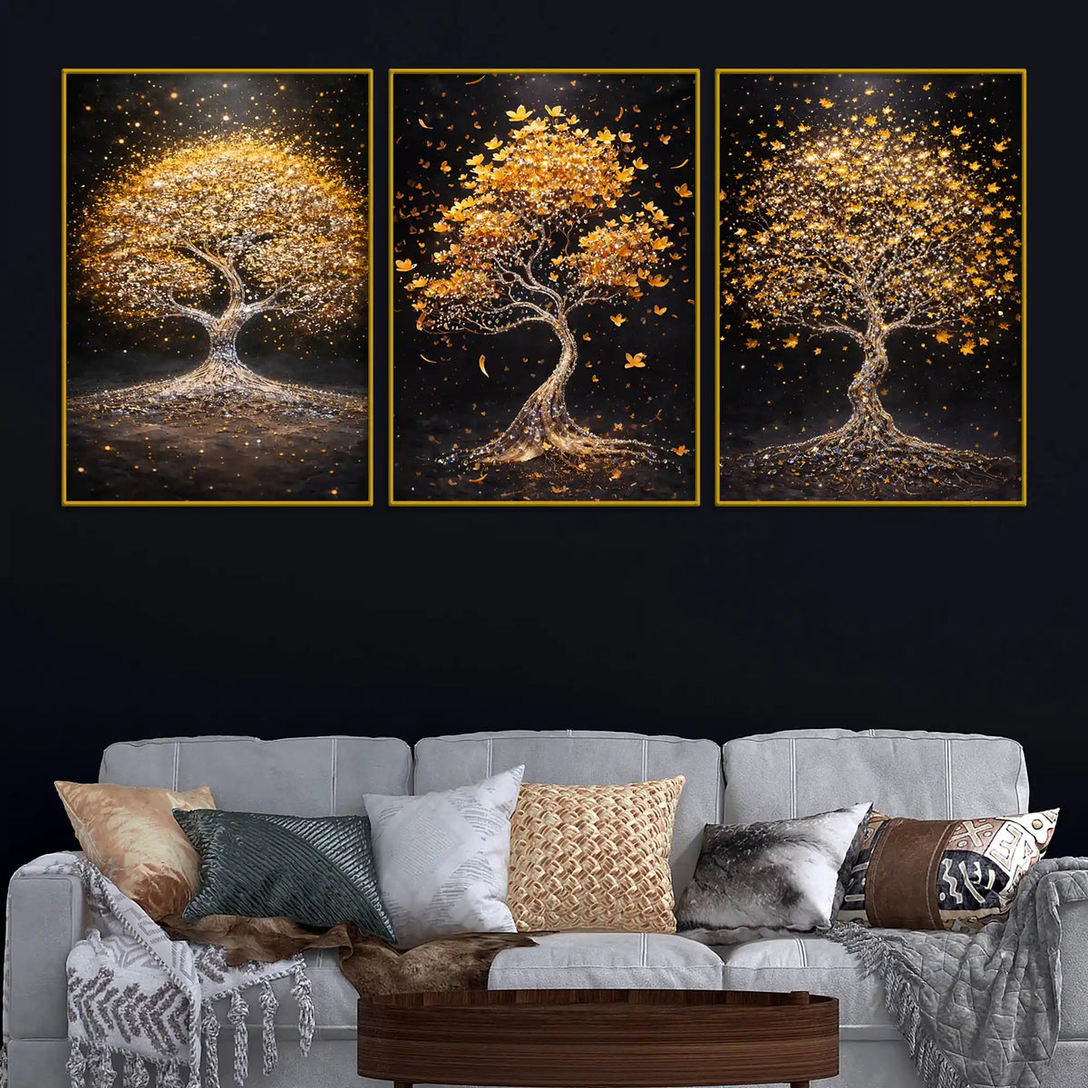 Sparkling Golden Tree of Life Floating Frame Crystal Wall Painting Set of 3