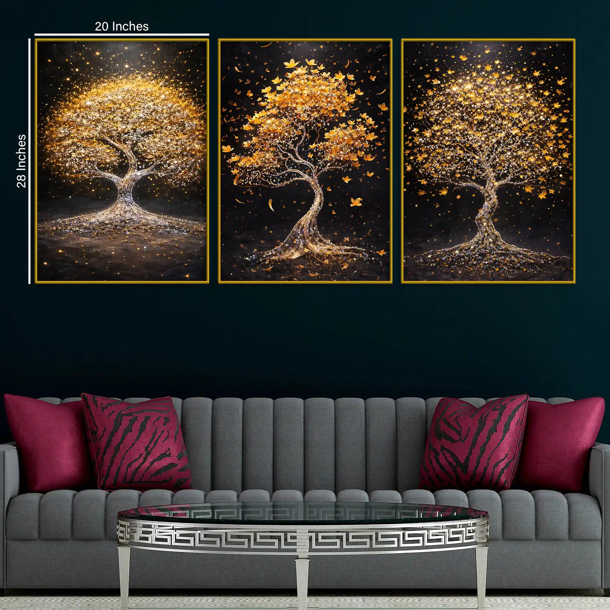 Sparkling Golden Tree of Life Floating Frame Crystal Wall Painting Set of 3