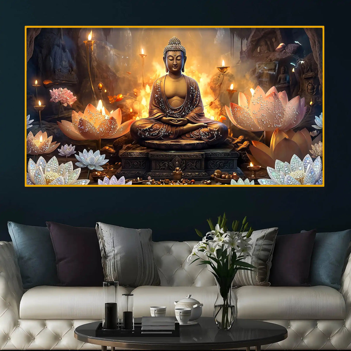 Spiritual Buddha Crystal Glass Painting for Living Room Décor