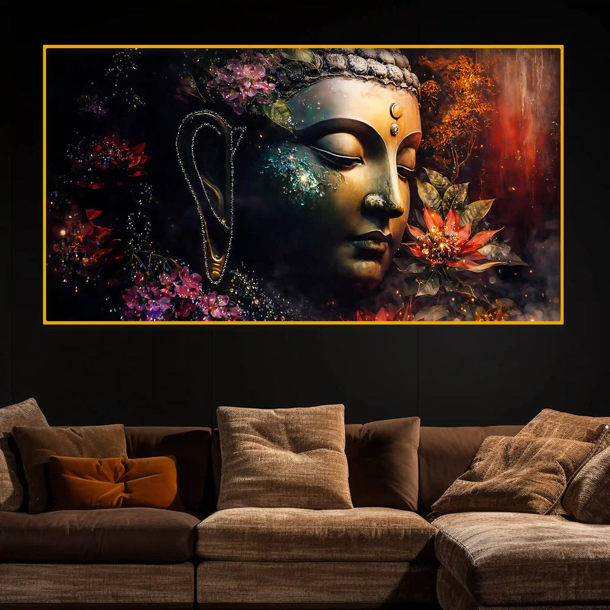Spiritual Buddha Face with Artistic Floral Design Crystal Glass Wall Painting