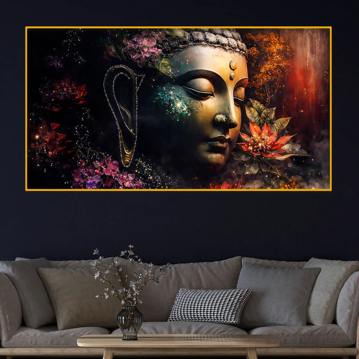 Spiritual Buddha Face with Artistic Floral Design Crystal Glass Wall Painting