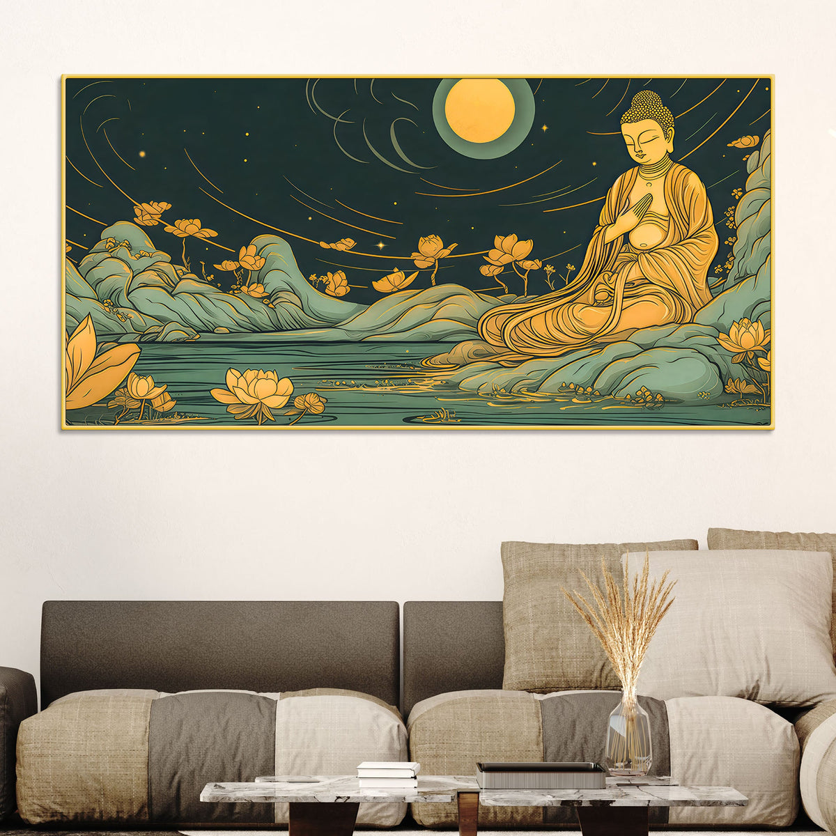 Spiritual Buddha Wall Painting with Lotus & Moonlight Scene