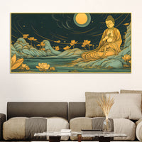 Spiritual Buddha Wall Painting with Lotus & Moonlight Scene