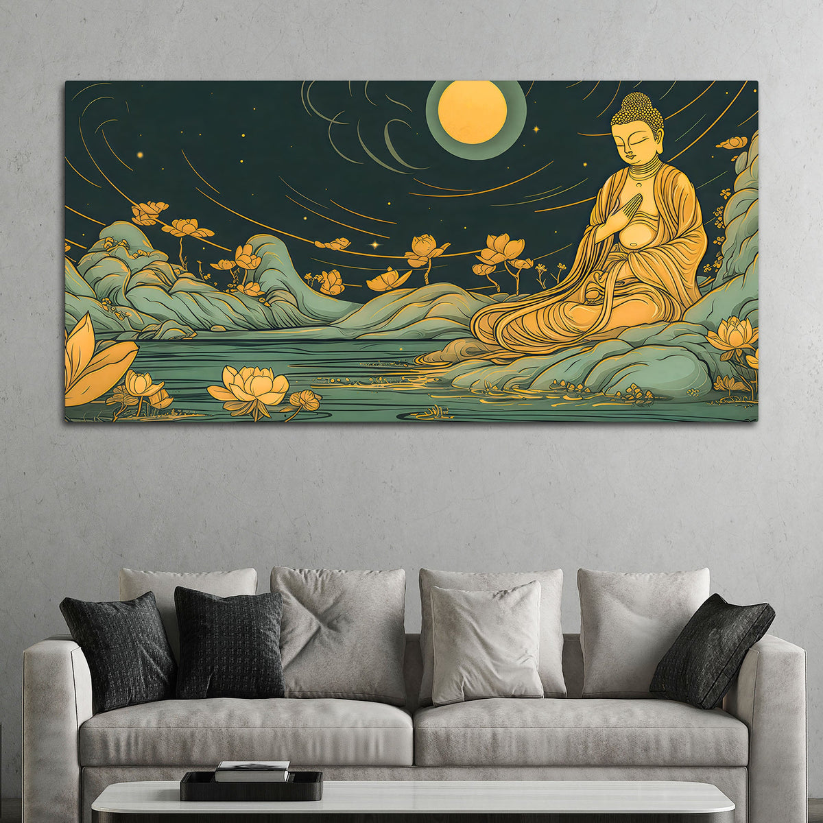 Spiritual Buddha Wall Painting with Lotus & Moonlight Scene
