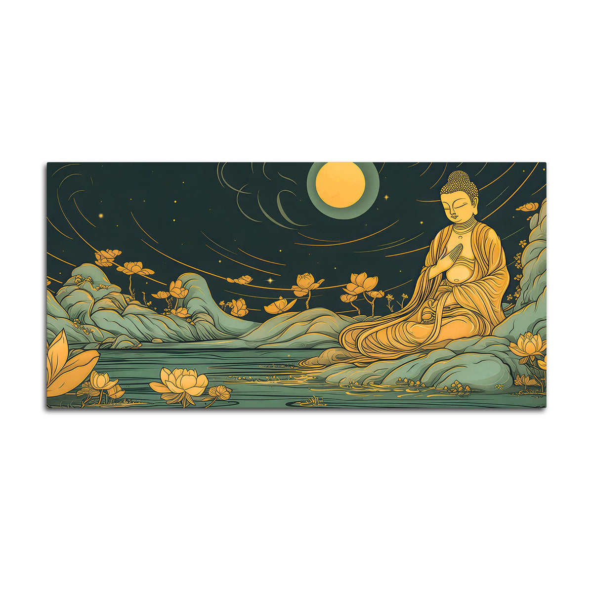 Spiritual Buddha Wall Painting with Lotus & Moonlight Scene