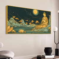 Spiritual Buddha Wall Painting with Lotus & Moonlight Scene