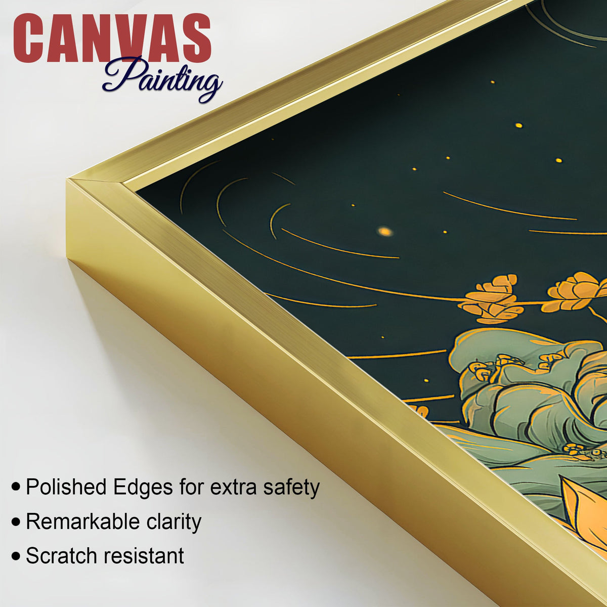 Spiritual Buddha Wall Painting with Lotus & Moonlight Scene