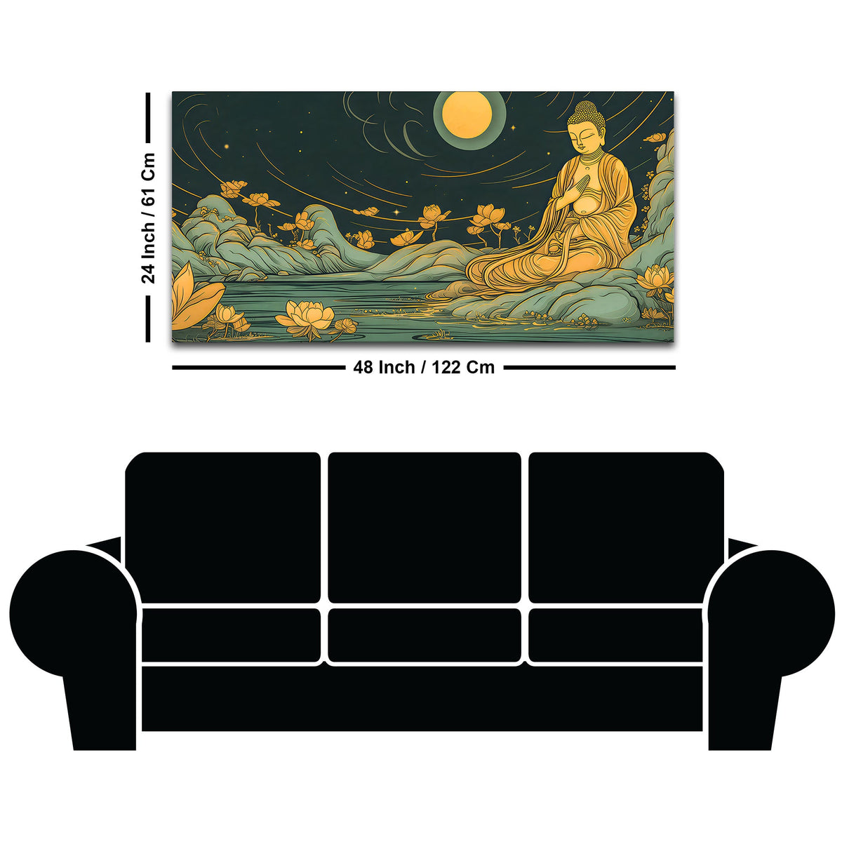 Spiritual Buddha Wall Painting with Lotus & Moonlight Scene