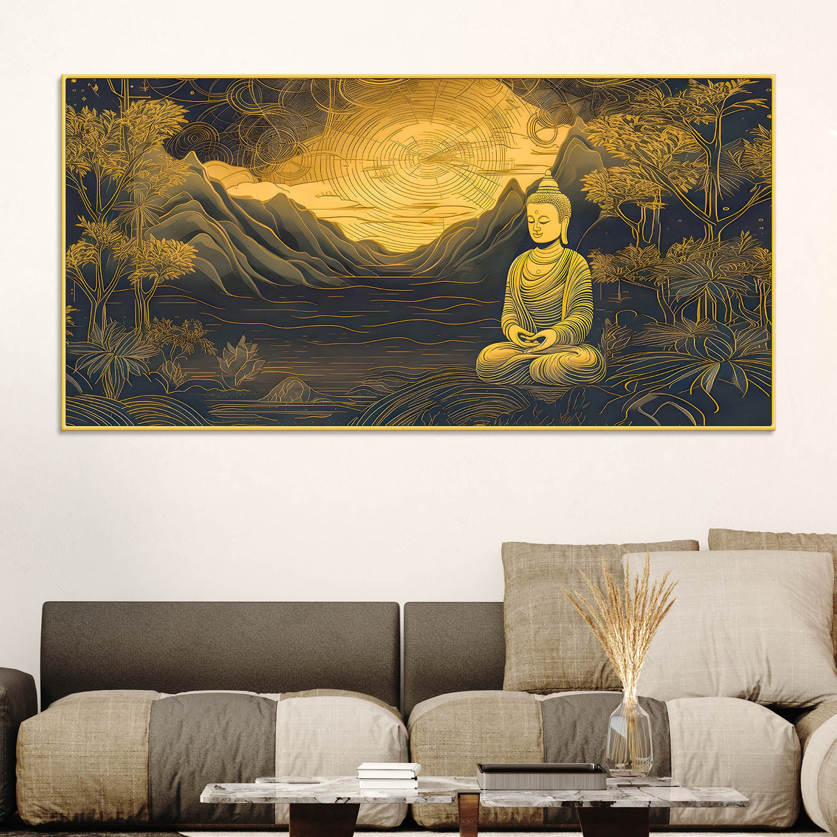 Spiritual Buddha Wall Painting with Mountain & Nature Design