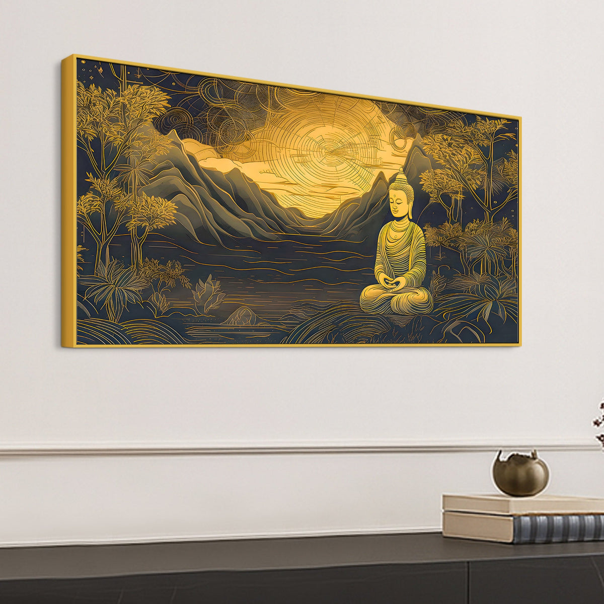 Spiritual Buddha Wall Painting with Mountain & Nature Design