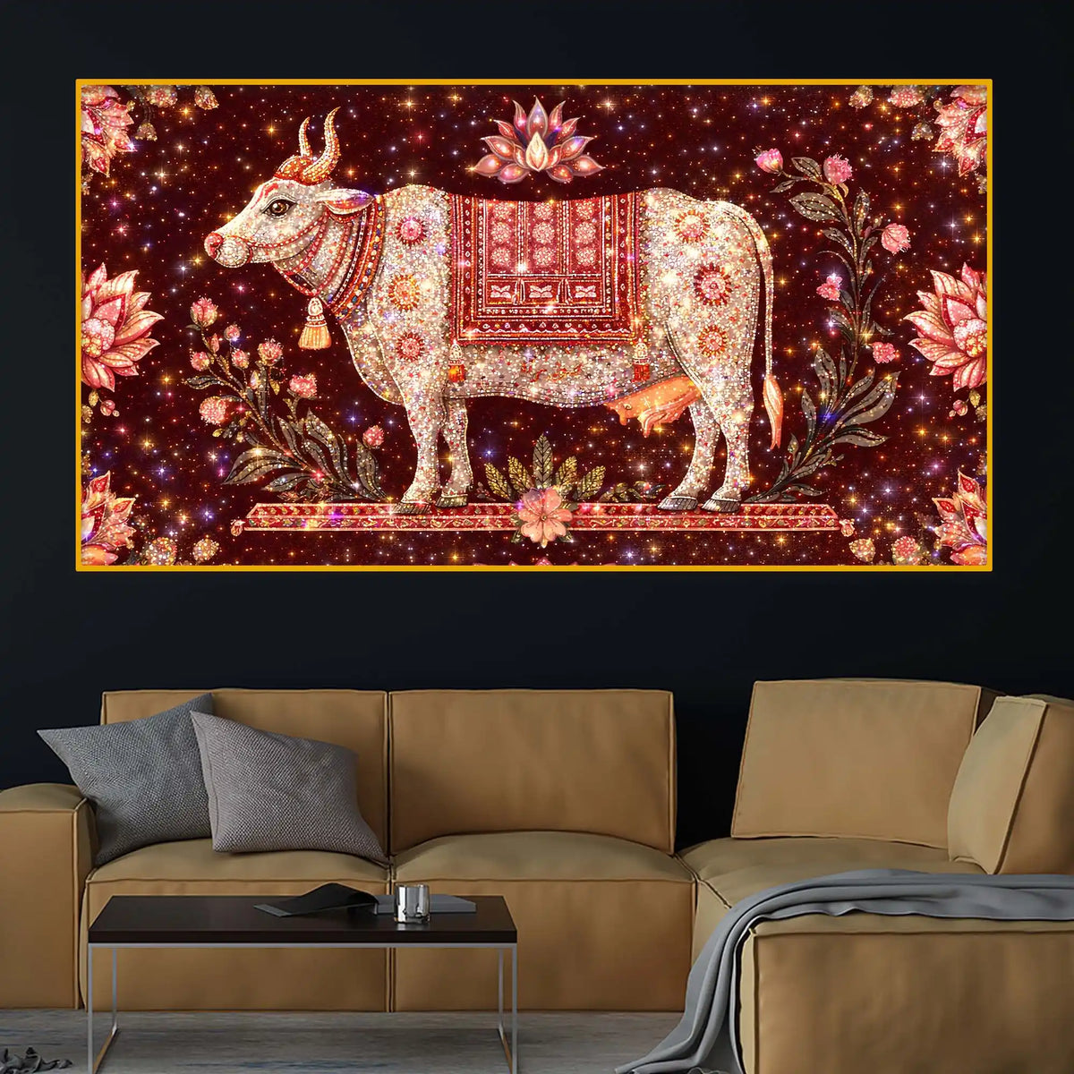 Spiritual Gau Mata Blessing Art Crystal Glass Wall Painting for Peaceful Home Ambience
