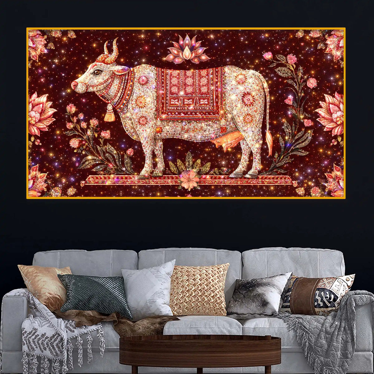Spiritual Gau Mata Blessing Art Crystal Glass Wall Painting for Peaceful Home Ambience