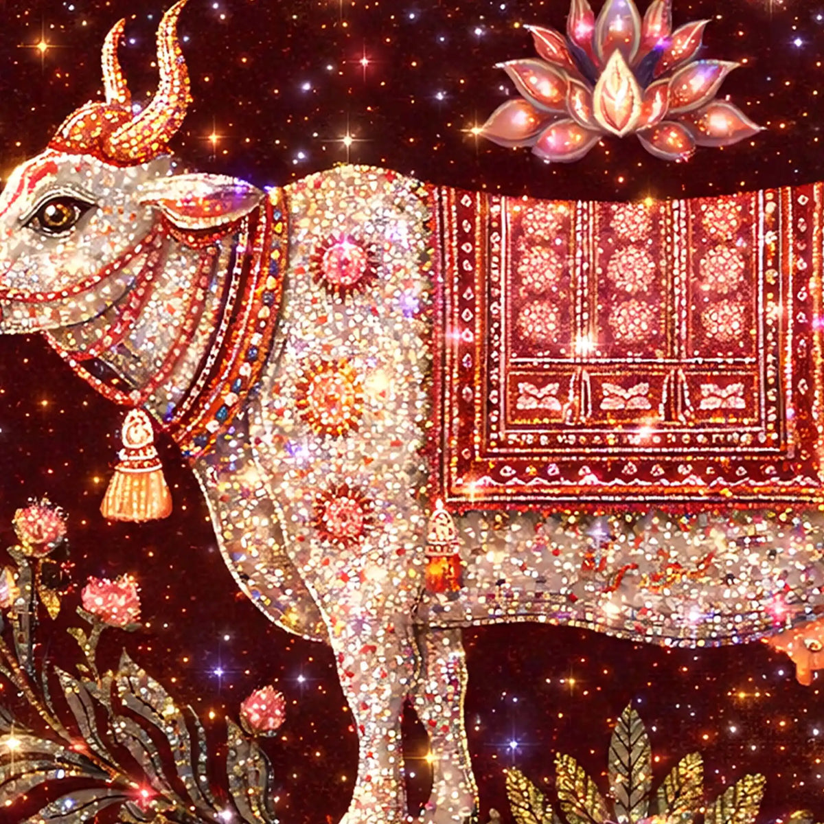 Spiritual Gau Mata Blessing Art Crystal Glass Wall Painting for Peaceful Home Ambience