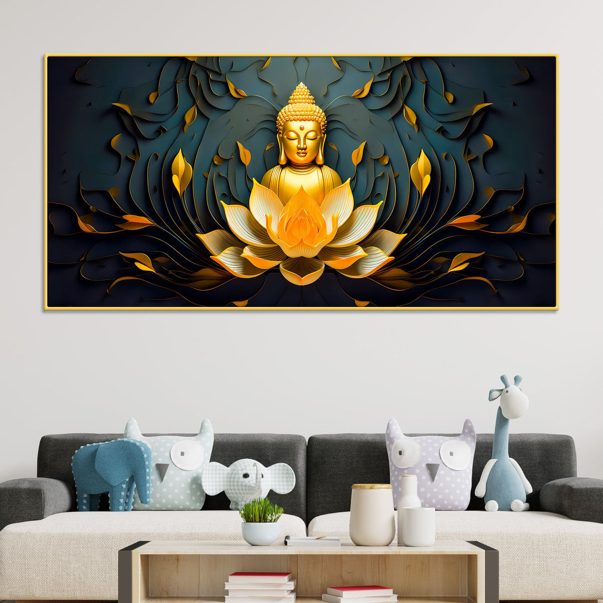Spiritual Gautam Buddha Canvas Painting with Lotus Base