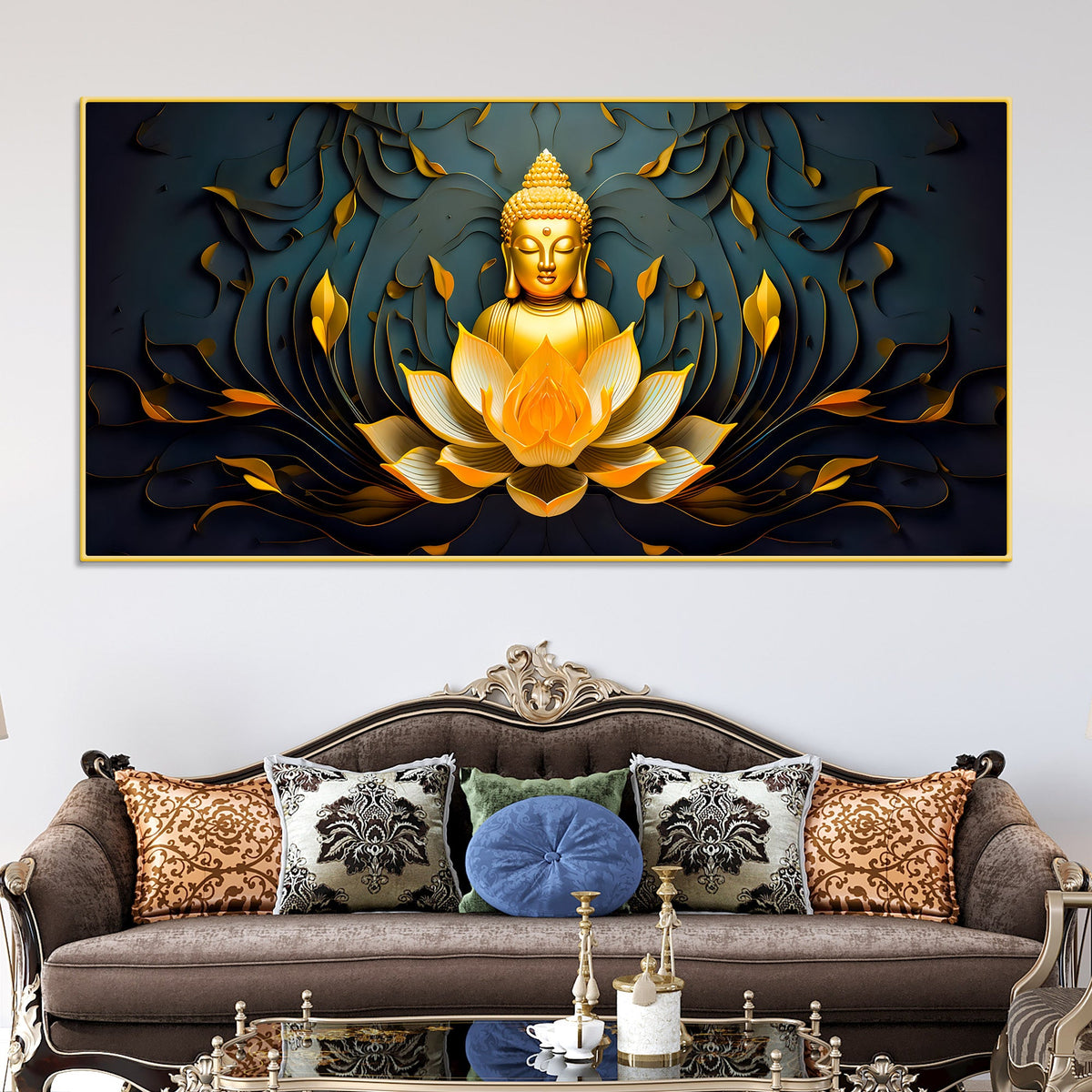 Spiritual Gautam Buddha Canvas Painting with Lotus Base