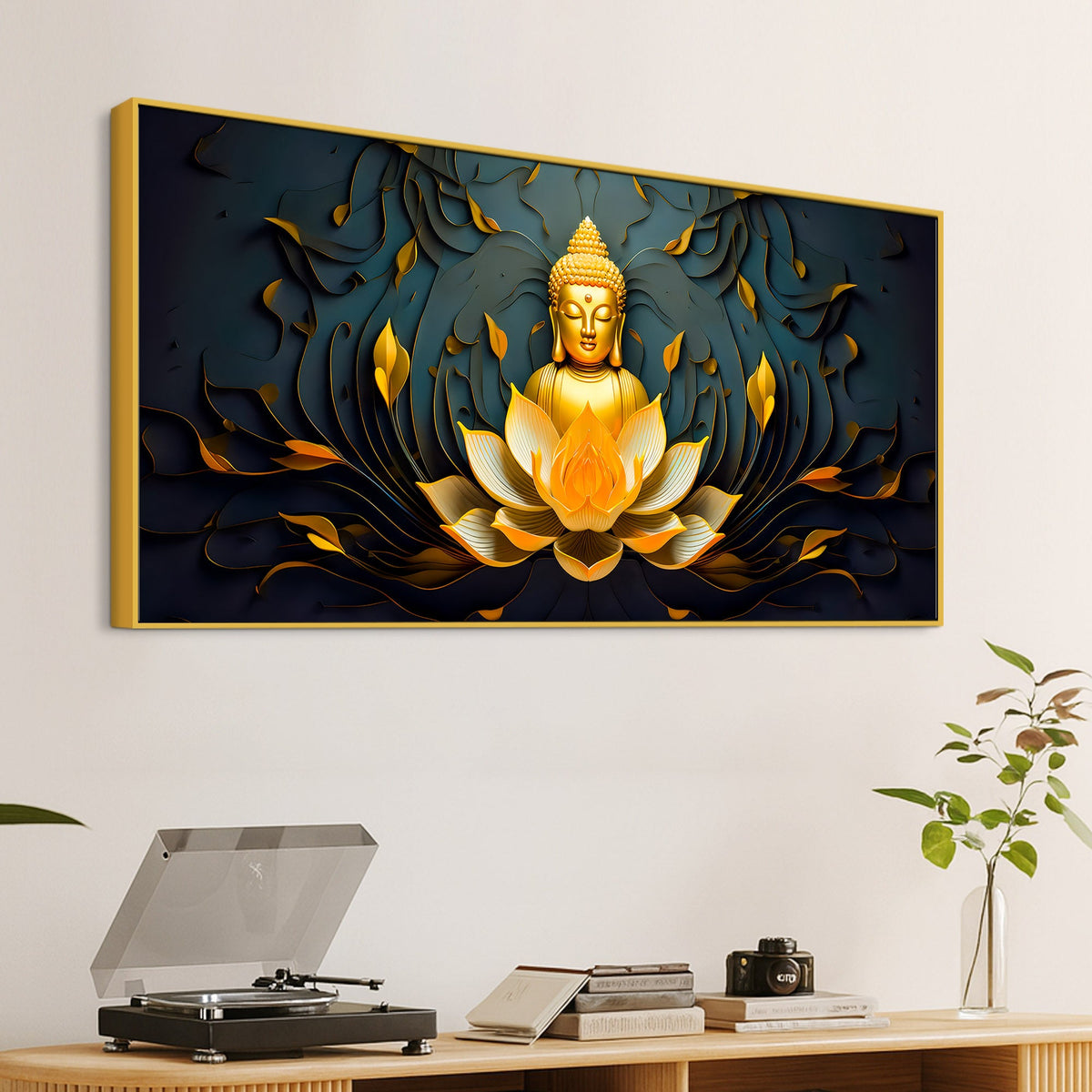 Spiritual Gautam Buddha Canvas Painting with Lotus Base