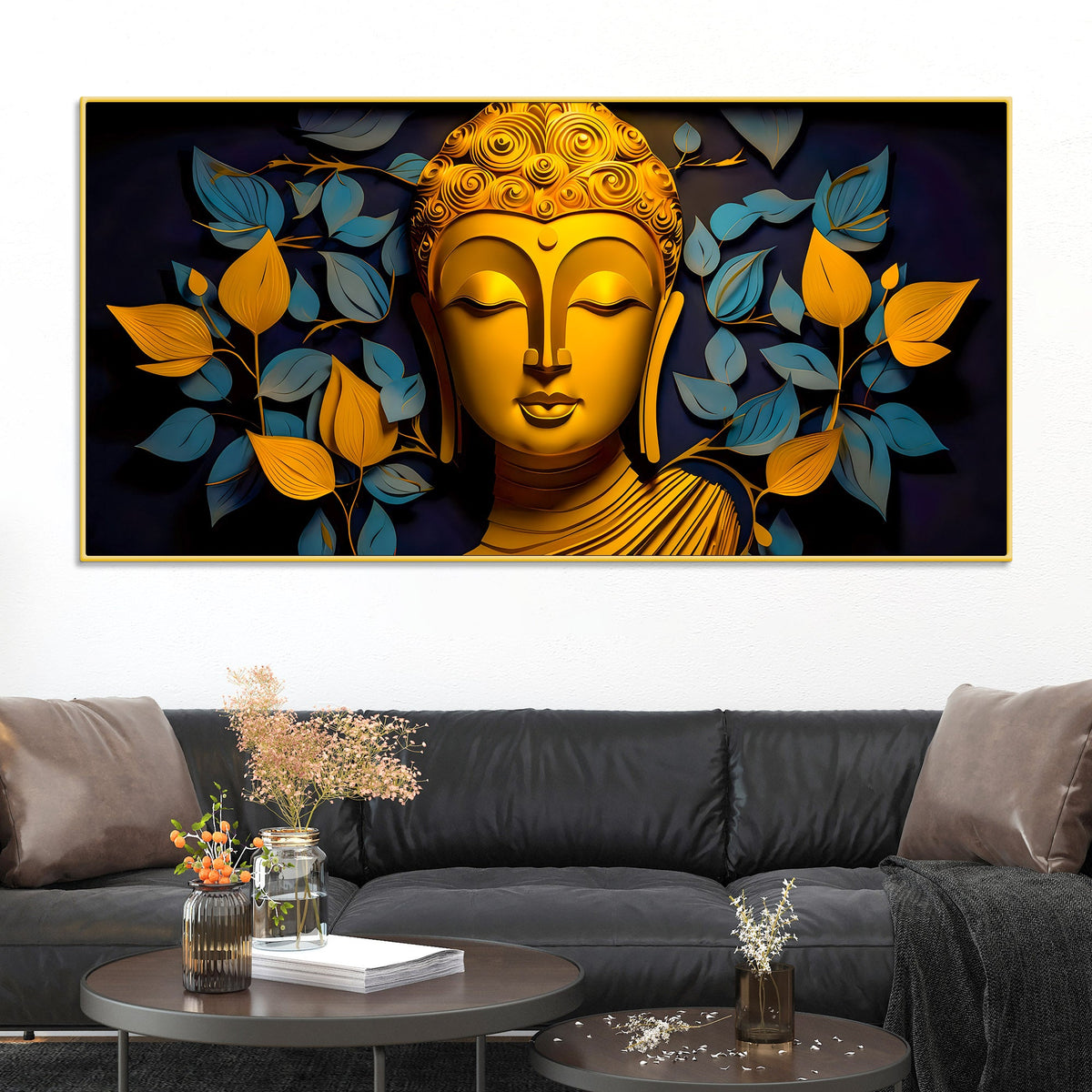 Spiritual Gautam Buddha Wall Painting with Elegant Leaf Art