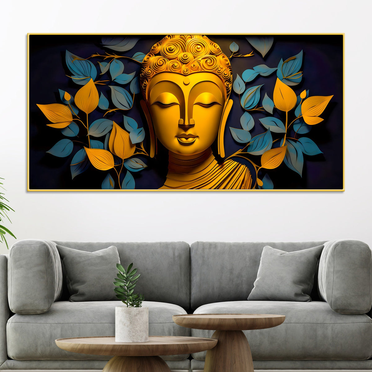 Spiritual Gautam Buddha Wall Painting with Elegant Leaf Art
