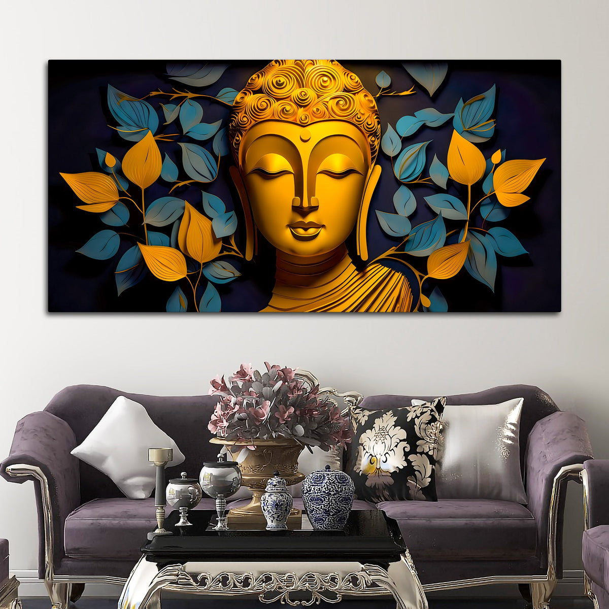 Spiritual Gautam Buddha Wall Painting with Elegant Leaf Art