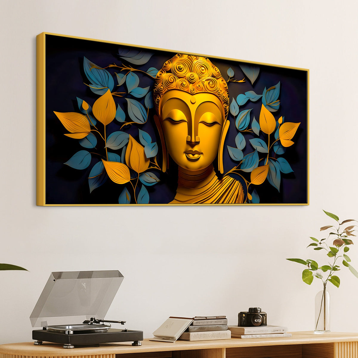 Spiritual Gautam Buddha Wall Painting with Elegant Leaf Art