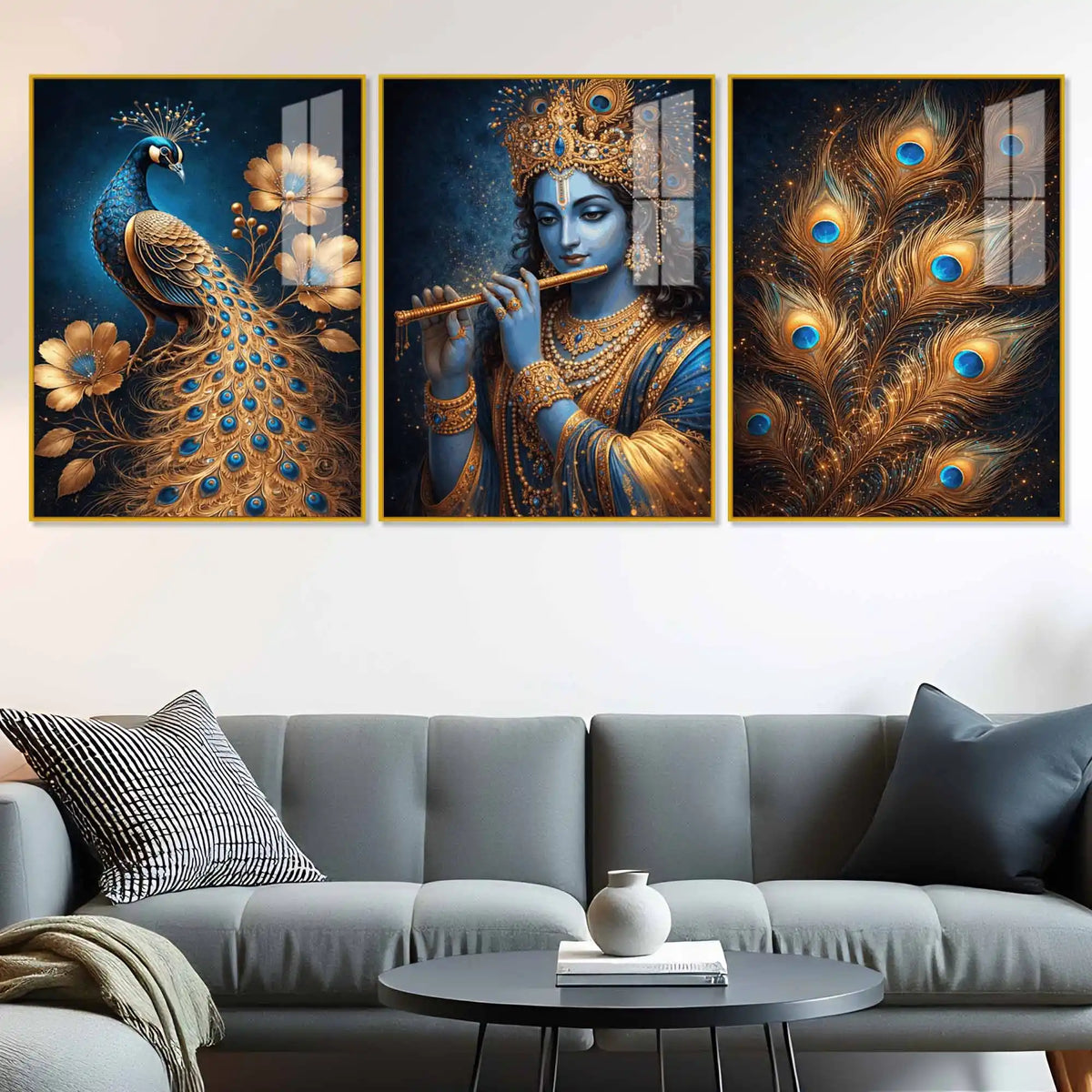 Spiritual Krishna and Peacock Acrylic Wall Décor Painting Set of 3