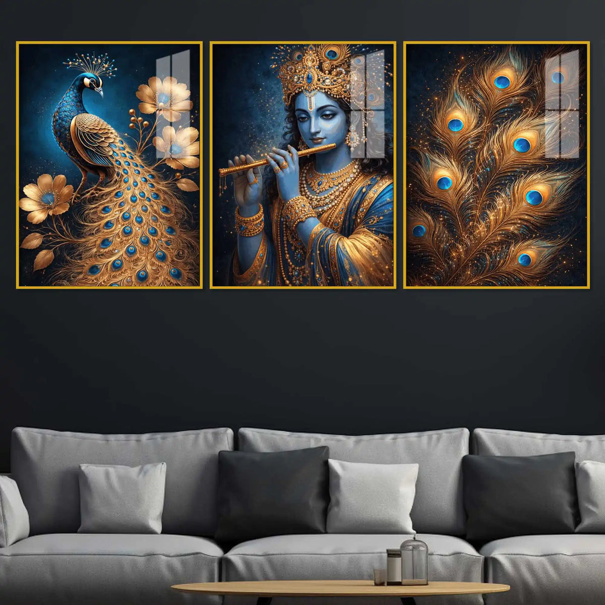 Spiritual Krishna and Peacock Acrylic Wall Décor Painting Set of 3