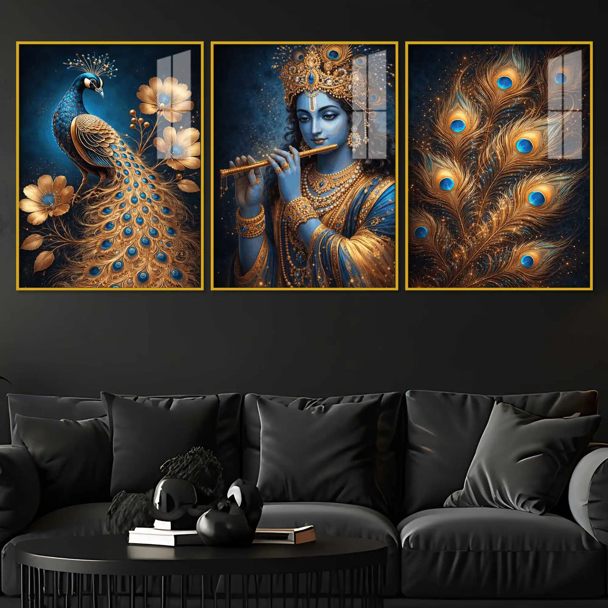 Spiritual Krishna and Peacock Acrylic Wall Décor Painting Set of 3